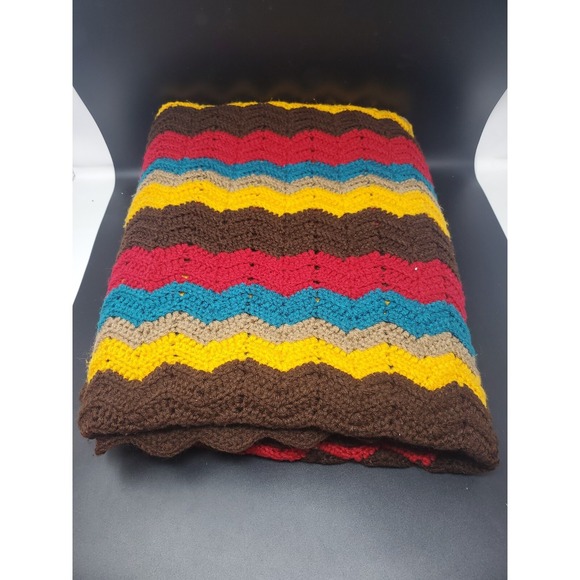 Handmade Other - Retro Hand Crocheted Zig Zag Afghan Blanket Throw 67" x 58" Fall Colors